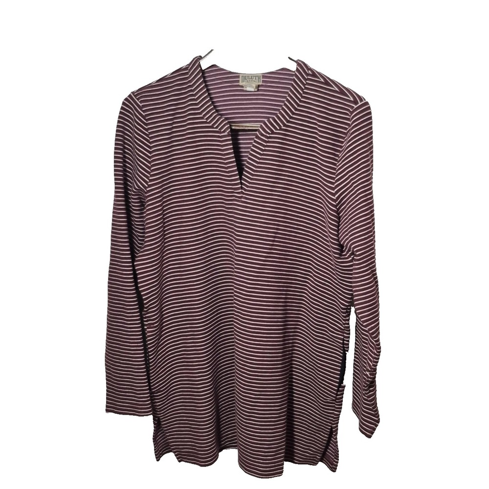 Duluth Trading Co‎ Shirt Womens Large Burgundy Striped Split Neck Long Sleeve
